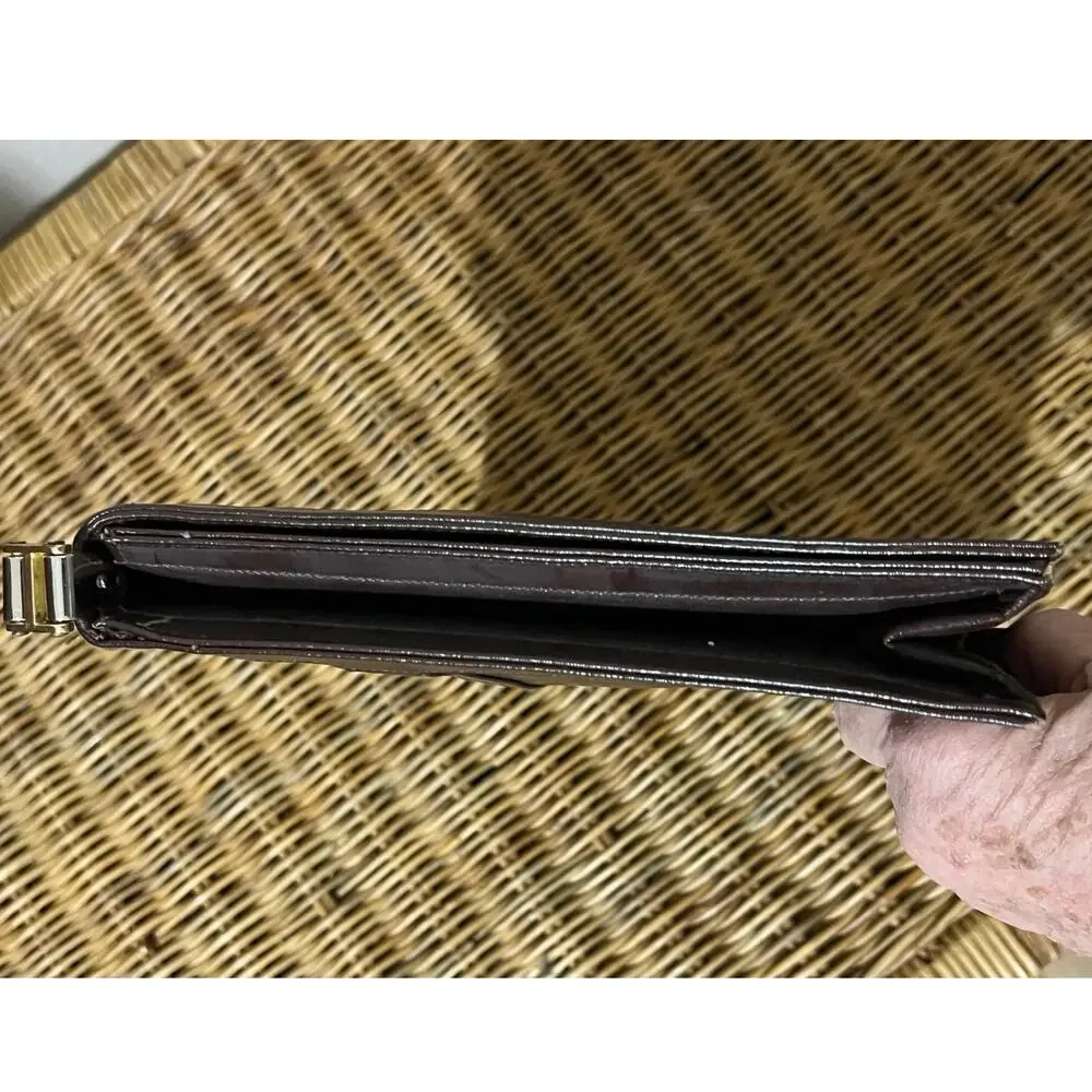 Vintage 1982 Lou Taylor wristlet envelope clutch and built in oval mirror. Brown